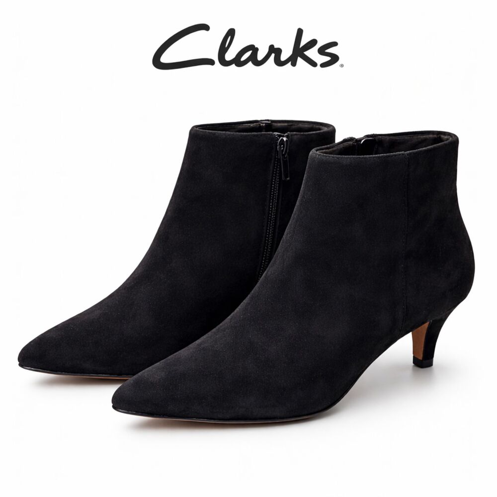 Clarks‎ Black Suede Ankle Boots Kitten Heel Pointed Toe Zip Booties Women's 8.5